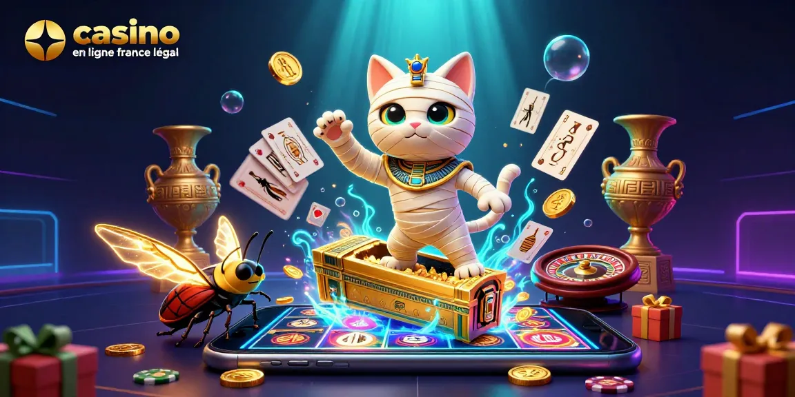 Illustration d'un chat momie égyptien et un scarabée dans un casino, représentant casino en ligne France légal.