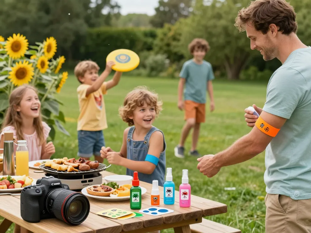 Family applying mosquito repellent while enjoying a summer barbecue outdoors.
