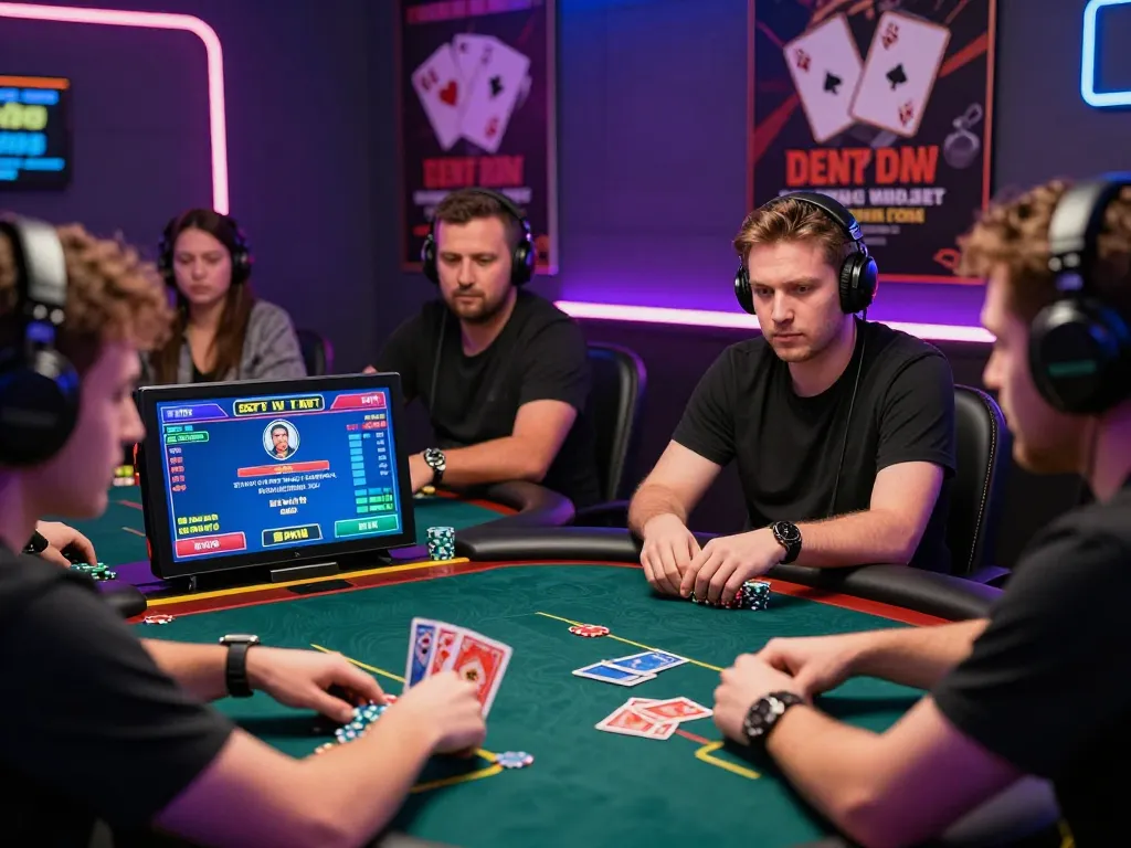 Exciting idn poker scene with diverse players engaged in a digital poker game, showcasing vibrant graphics and communal energy.