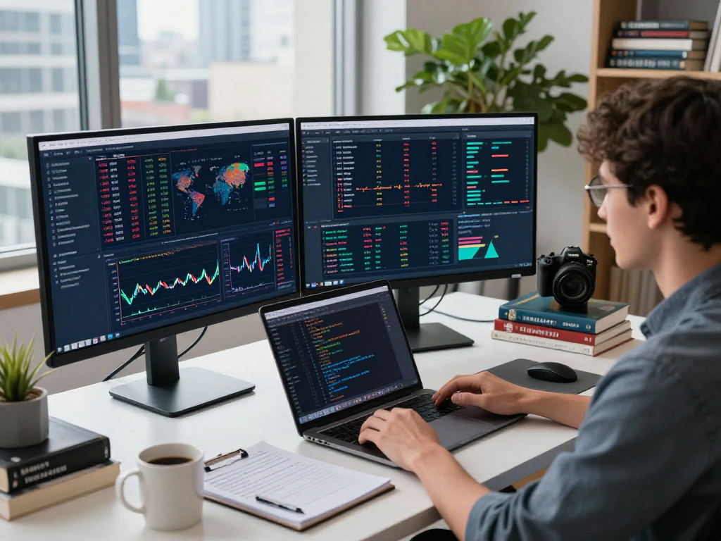 Real-time futures quant backtesting data API displayed on trader's multiple screens in a modern workspace.