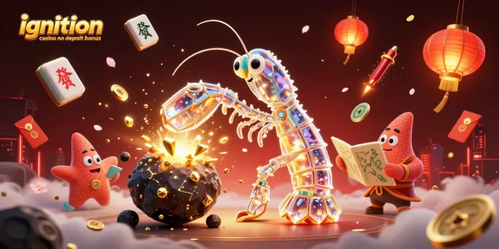 Ignition casino no deposit bonus showcased by galactic samurai mantis shrimp in a vibrant 3D casino scene