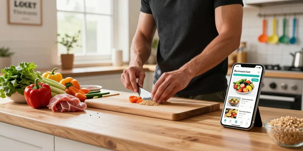 Preparing nutritious meals using the best weight loss app in a bright kitchen