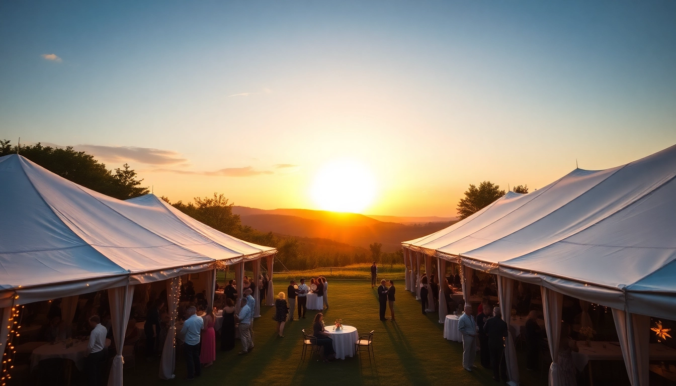 Enhance your event with elegant tent rentals showcasing an outdoor setup at sunset.