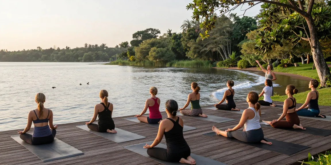 Yoga teacher training Sri Lanka session by the lakeside at Koggala Lake.