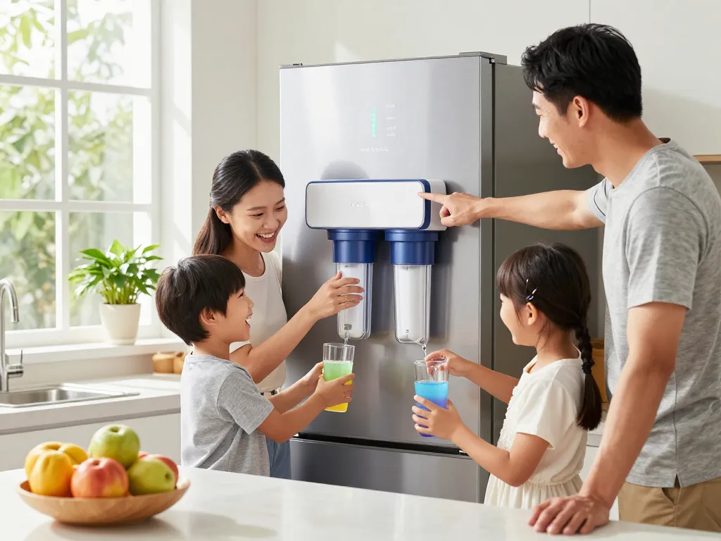 Family enjoying fresh water from the Waterspecialist DA29-00003G Refrigerator Water Filter in a bright kitchen.