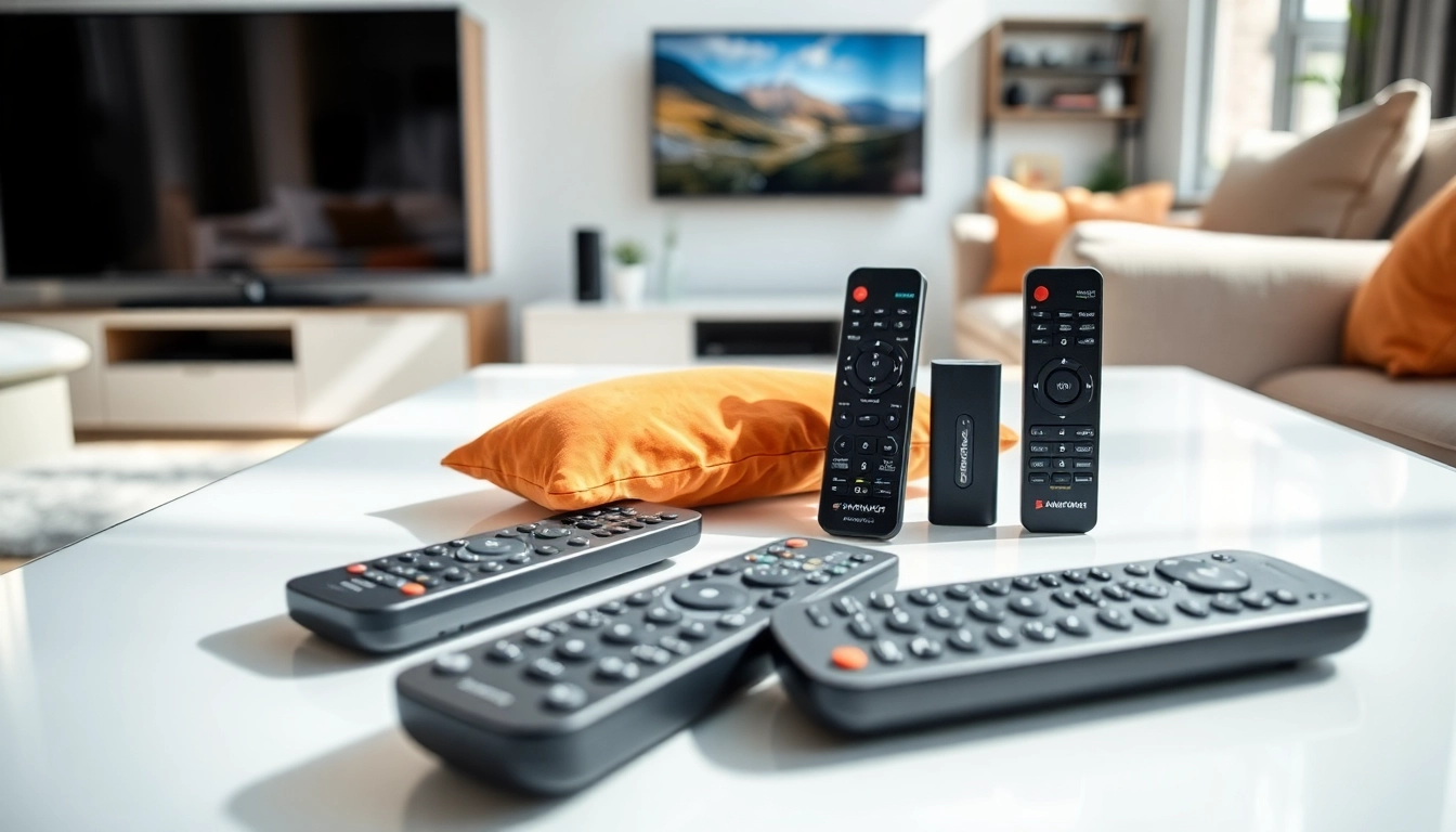 Verwende die Original Fernbedienung, um verschiedene TV-Zubehörteile stilvoll zu präsentieren.