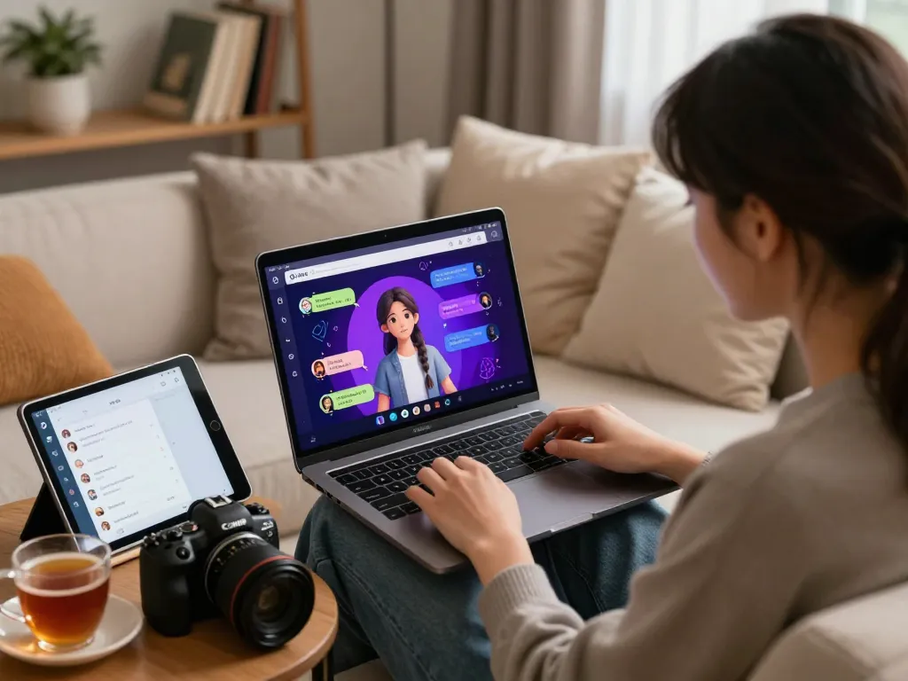 Engaging user in sex chat ai interaction with customizable AI companions in a cozy home setting.