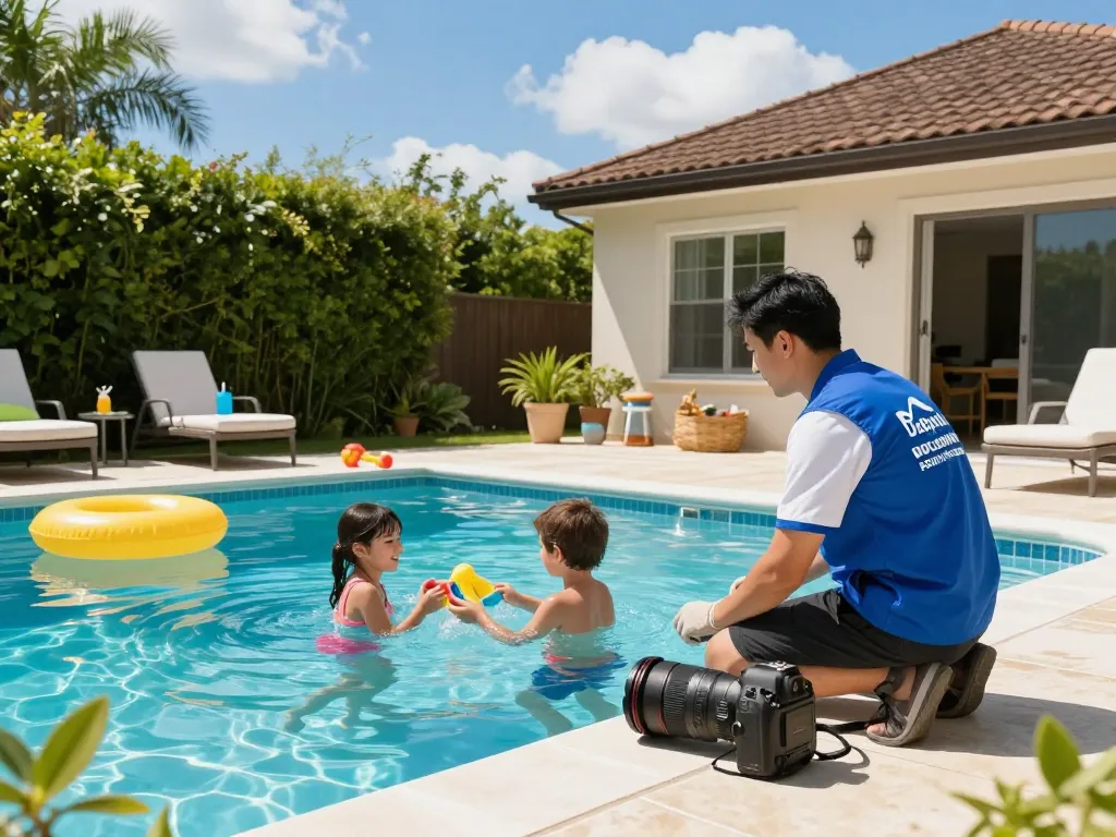 Dolphin Pool Services team ensuring family enjoyment in a sparkling pool, showcasing expert care and vibrant summer atmosphere.