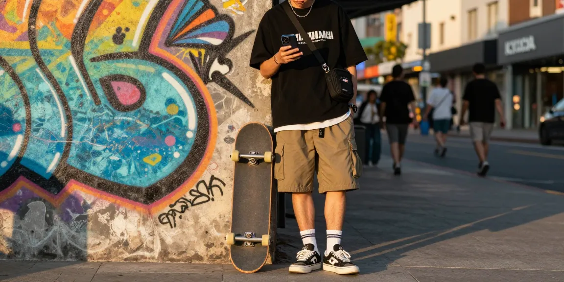 Stylish young person in a 레플리카 outfit against vibrant urban graffiti.