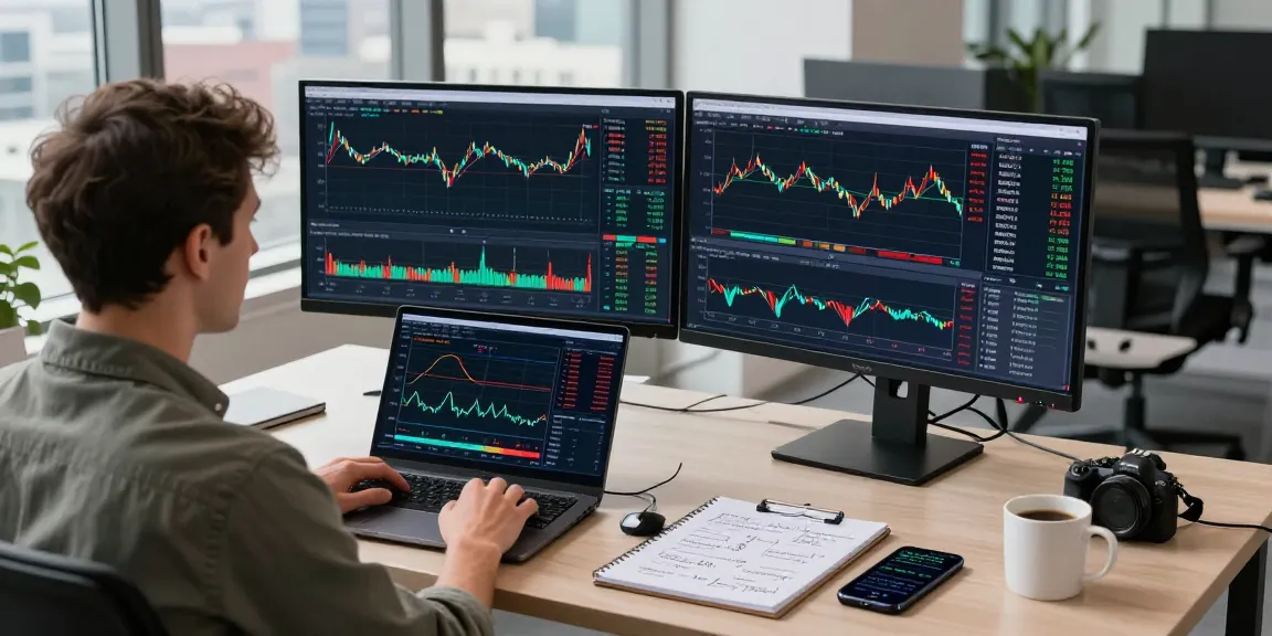 Trader using MetaTrader 4 on laptop with dynamic currency charts and real-time updates in a modern office