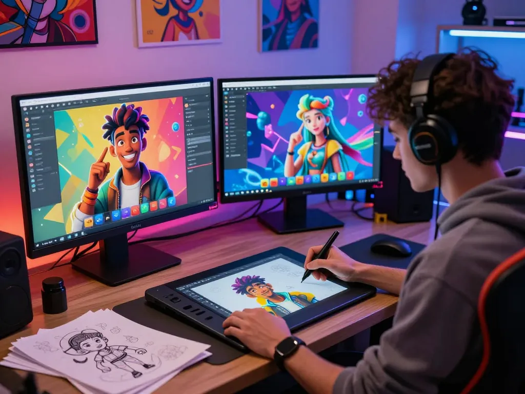Vibrant characters from NSFW AI technology in a creative digital workspace.