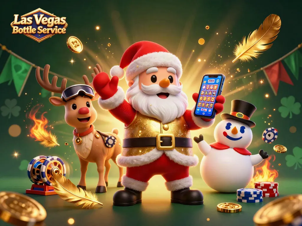 Experience Las Vegas Bottle Service with vibrant 3D scene featuring Santa and friends in a casino atmosphere.