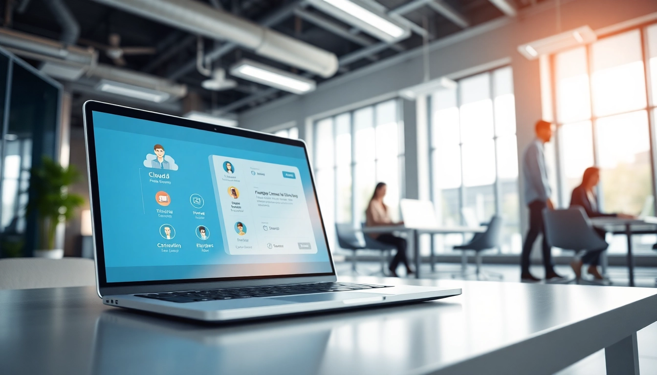 Showcase the cloud based business phone system in a modern office setting.