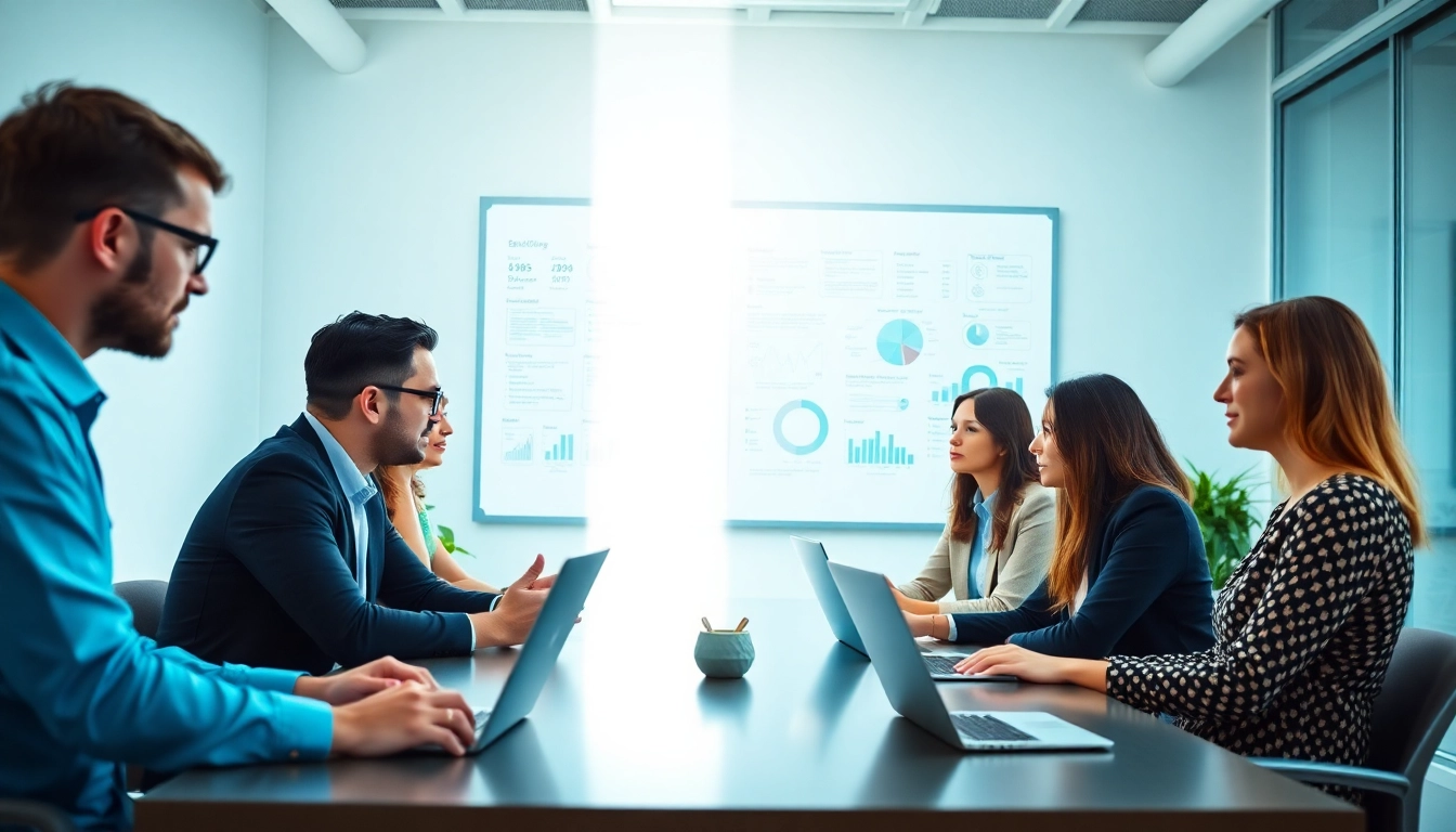 Engaged search consultant collaborating with clients in a modern office setting.