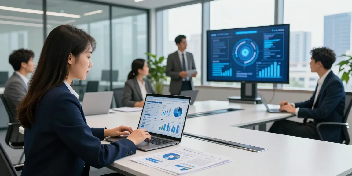 Businesswoman analyzing financial data for cibc cmo in modern office with colleagues collaborating.