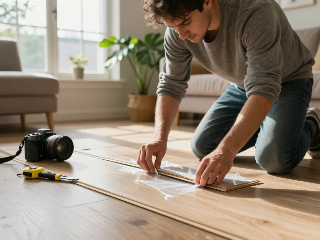 Removing the protective plastic layer, cách tháo lớp ép dẻo from new laminate flooring in a cozy living room setting.