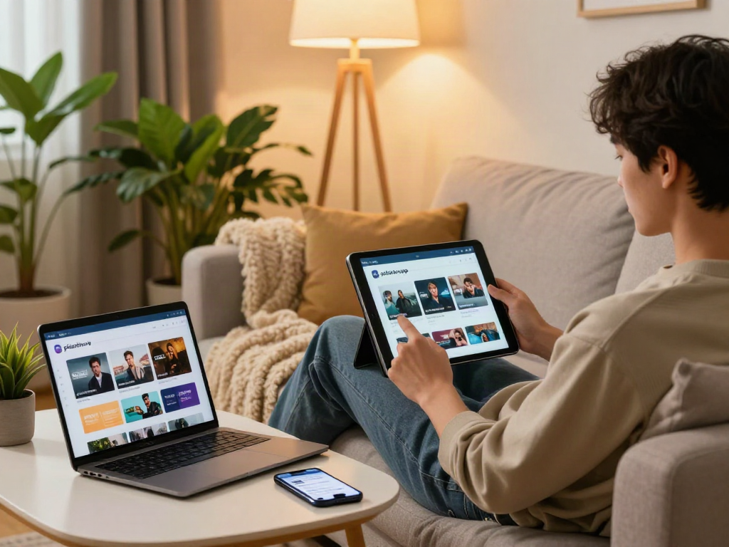 Enjoying streaming content with pikashow apk on a tablet in a cozy living room.