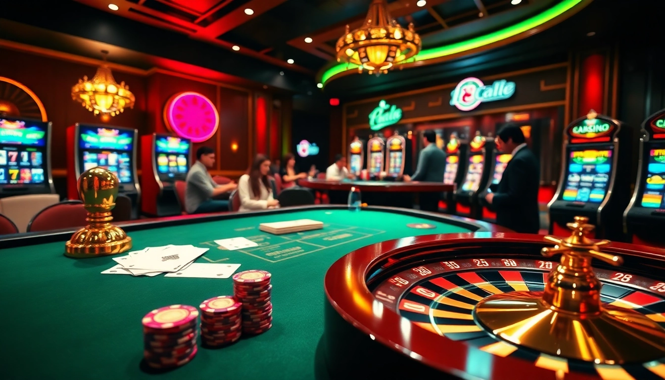 Cảnh casino sôi động giới thiệu LUCK8 và LUCKY8 với bàn chơi tươi sáng, máy đánh bạc đầy màu sắc và các người chơi háo hức.
