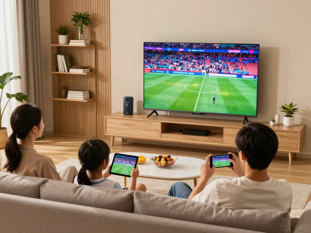 Famille profitant de l'expérience de streaming Atlas Pro IPTV sur une smart TV dans un salon confortable