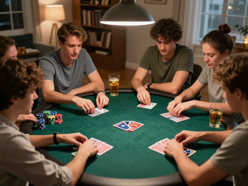 Penggemar situs togel menikmati malam poker di rumah yang meriah, fokus pada permainan strategis dengan chip dan kartu.