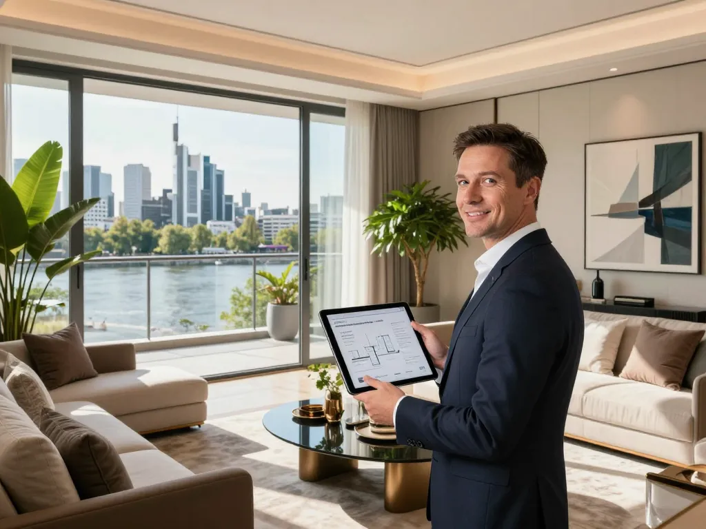 Immobilienmakler, der eine luxuriöse Immobilie in Frankfurt Sachsenhausen präsentiert und die Expertise von Immobilienmakler Frankfurt Sachsenhausen hervorhebt.