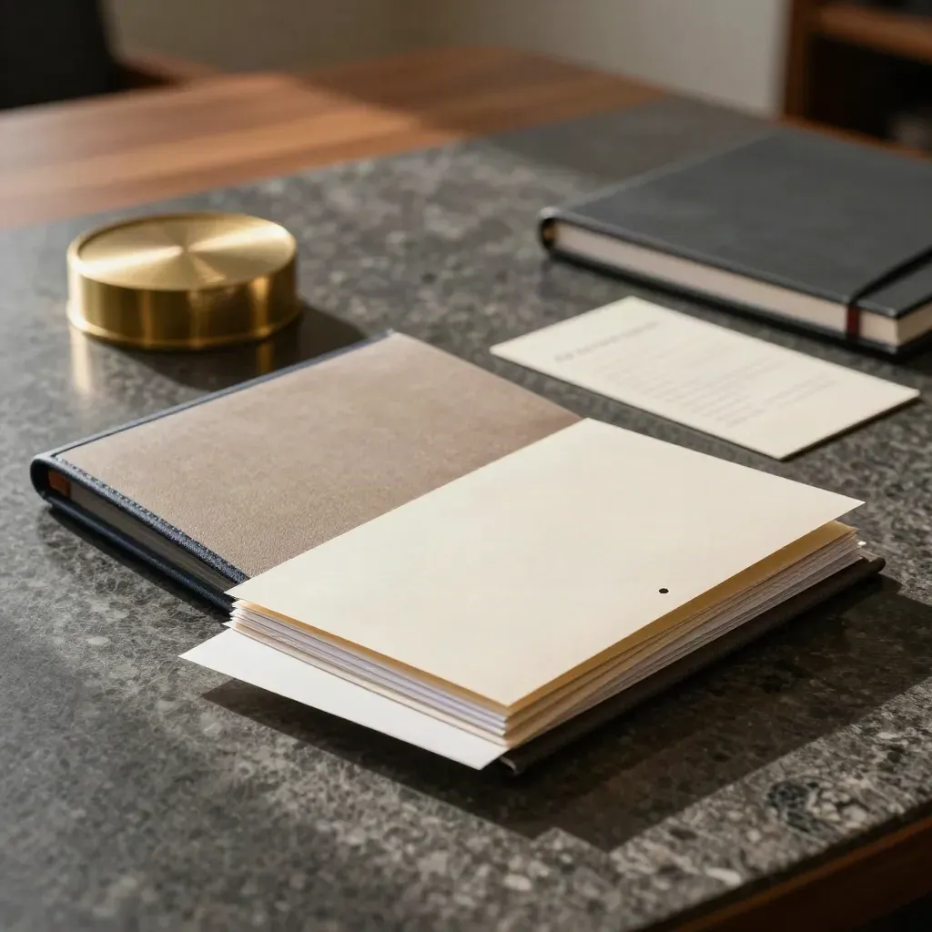 Audit folio, packets, brass paperweight and notebook on travertine in soft window light.