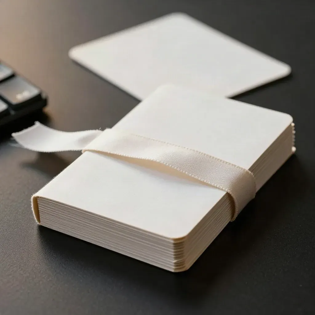 Off-white identity deck with cloth bands and blank cards on a dark studio surface