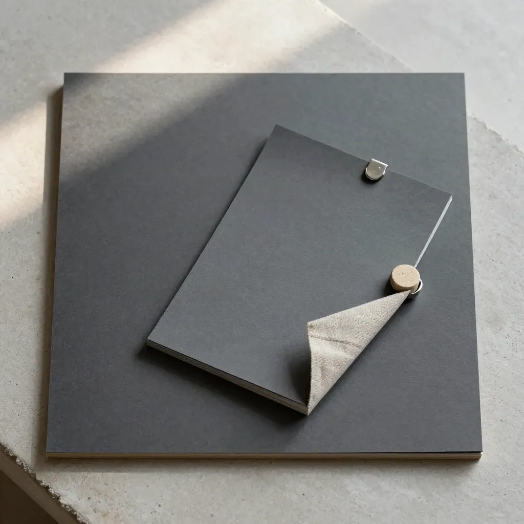Overhead graphite audit board with linen tab, stone token and steel grips on pale concrete.