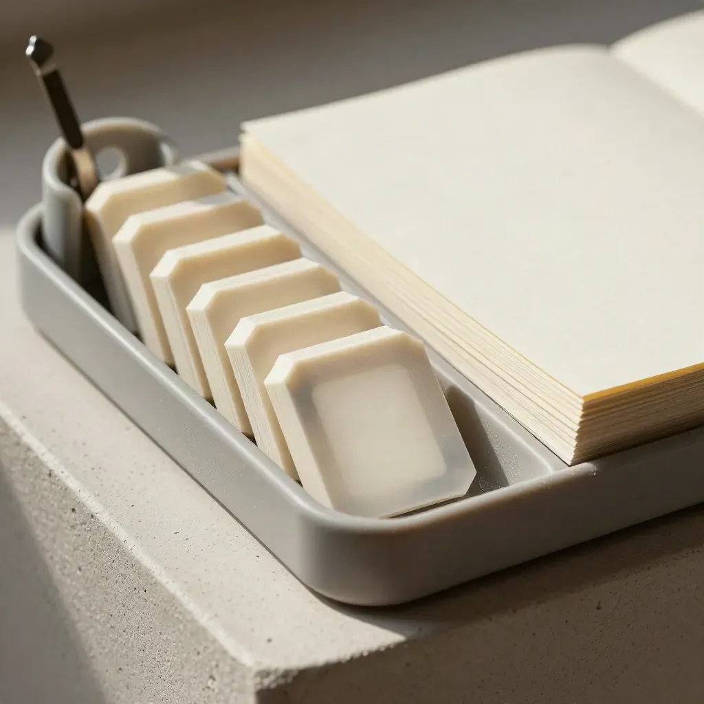 Task tokens crossing a matte tray beside a blank memo pad in warm raking light.