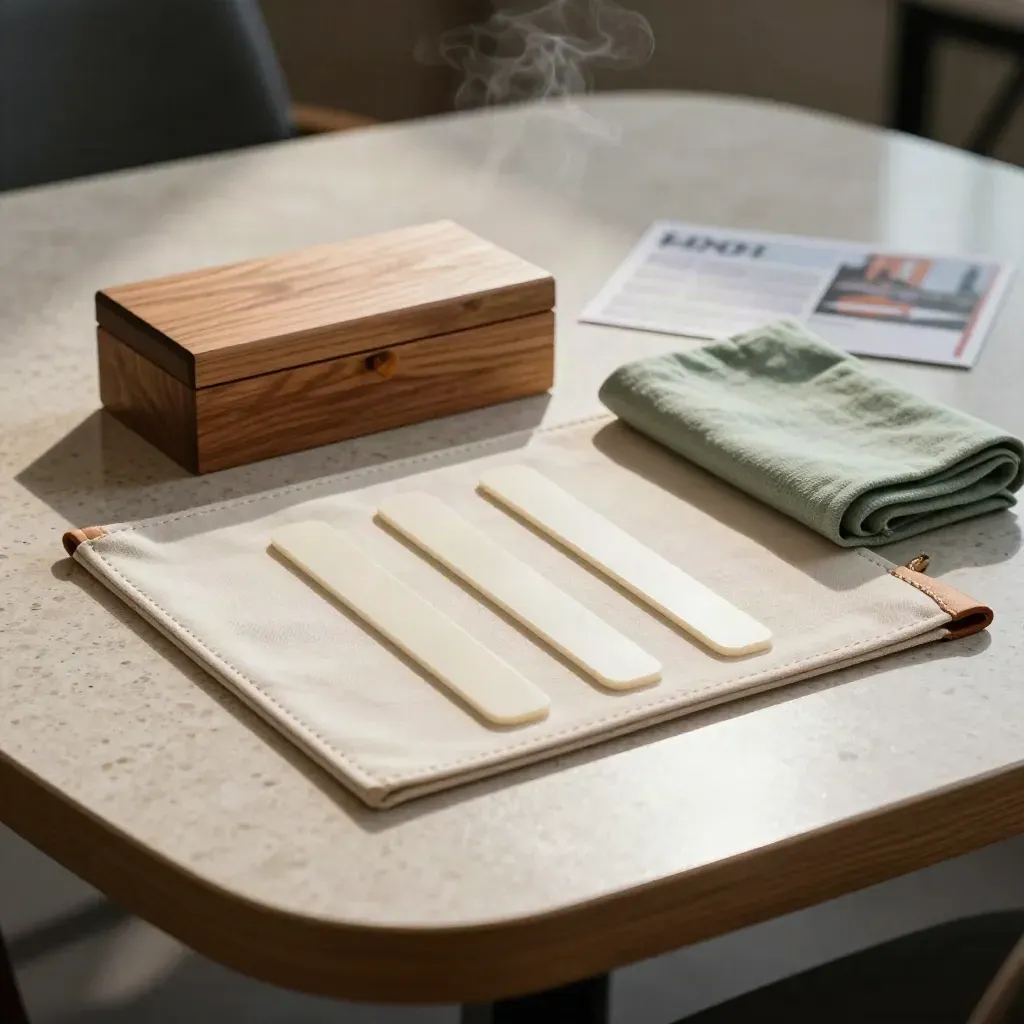 Workshop kit with canvas case, cedar box, seat markers and sage cloth on travertine table.