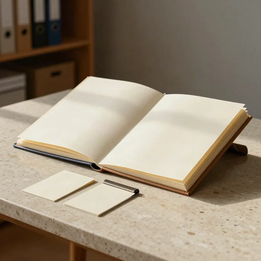 Cream accordion folder open with blank cards and metal clip on a travertine planning table.