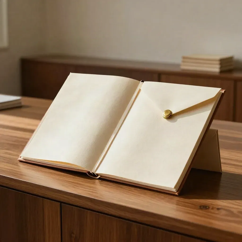 Tri-panel roadmap folio with ribbon marker and brass-clasp envelope on a walnut credenza.