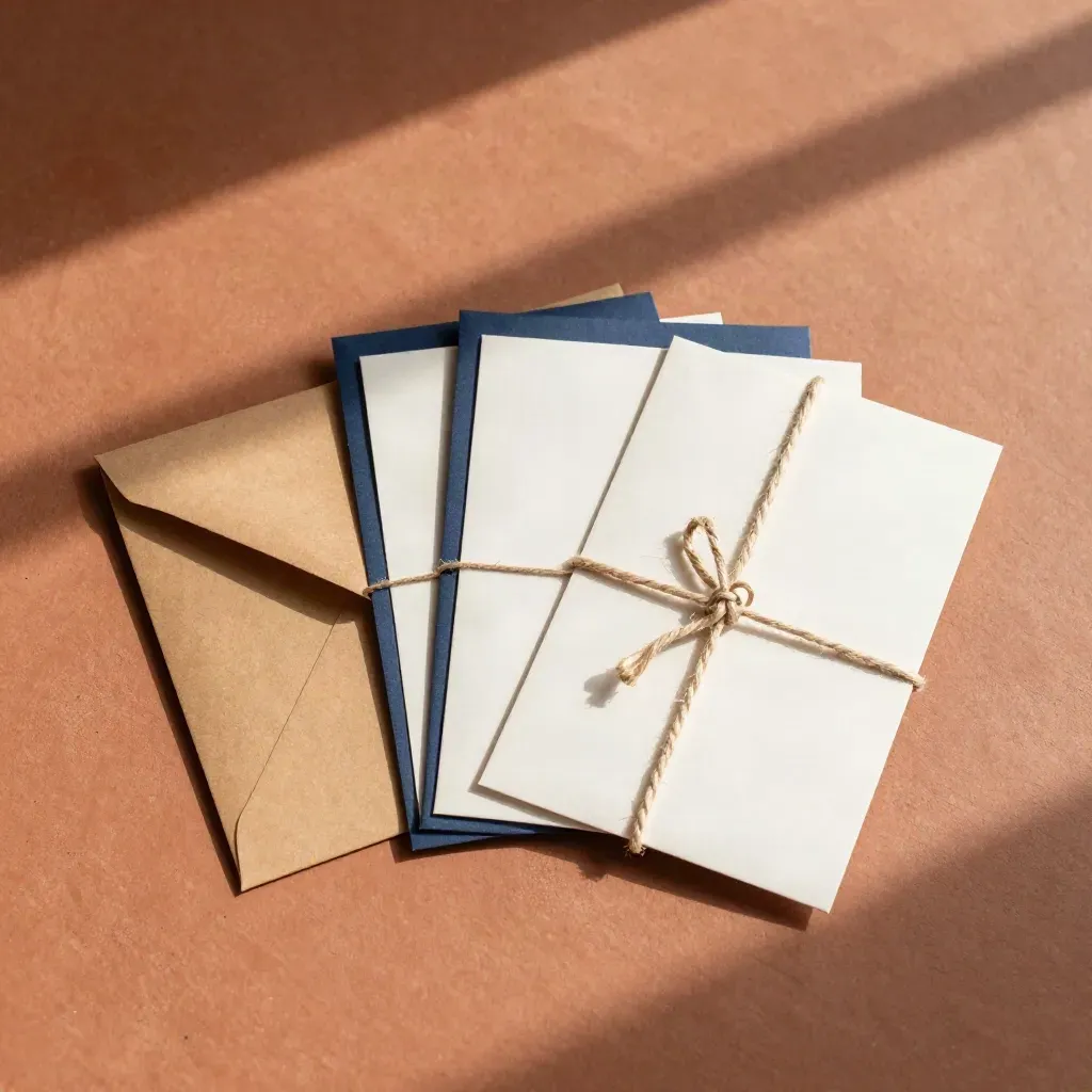 Kraft launch sleeve, sealed envelope, and twine-bound inserts on terracotta under diagonal light