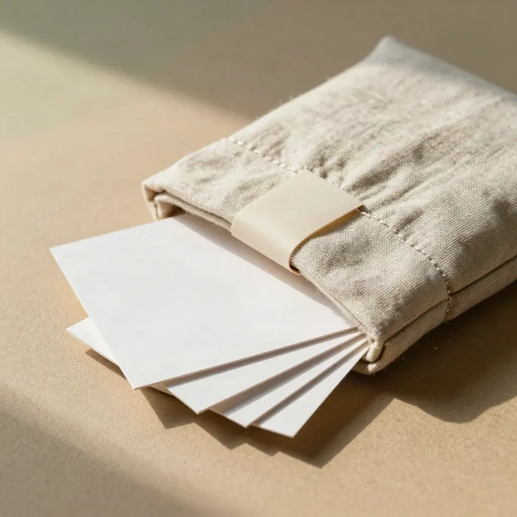 Linen workshop kit with four seat cards, cloth pouch and paper band in warm raking light.