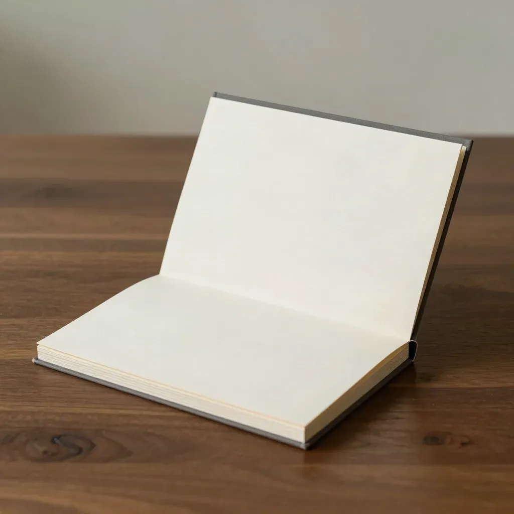 Off-white review folio with blank page layers and graphite clip on dark wood