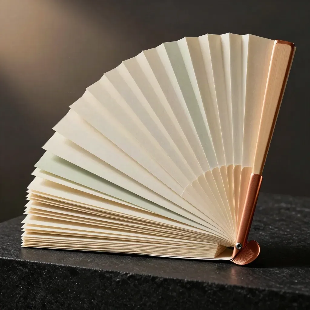 Audit folio stack with copper clip and sage tabs on a dark stone plinth, lit dramatically.