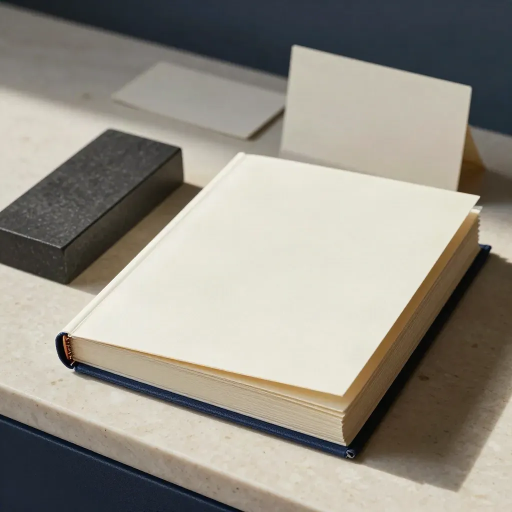 Cream audit binder with stone block and tab cards on travertine, polished studio still life.