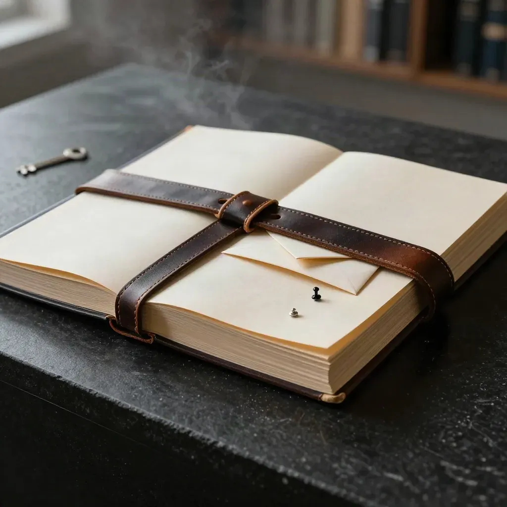 Two tied dossiers with an envelope and route pins on a matte-black plinth, lit dramatically.