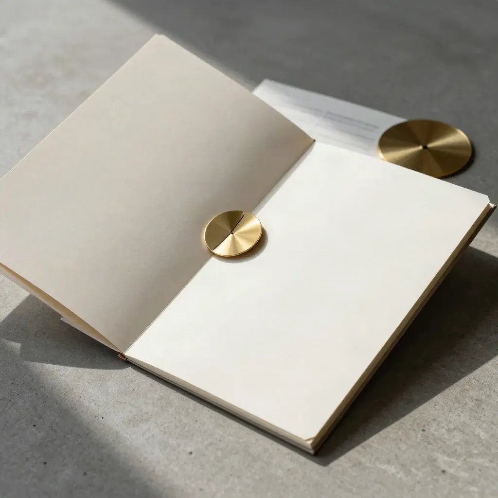 Overhead readiness kit with two folders, brass disc, and folded map on concrete