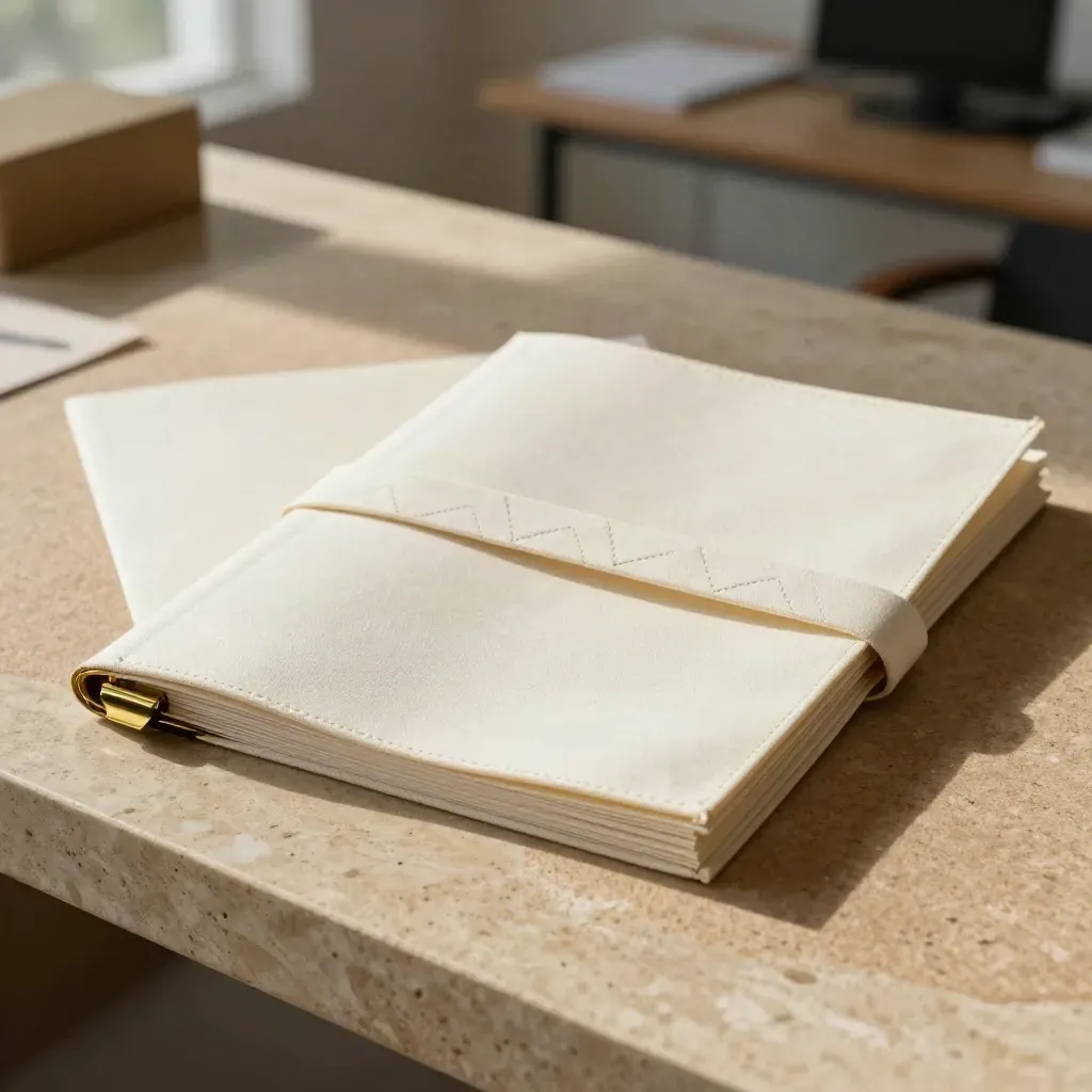 Pale canvas roadmap folio arcing open on a limestone bench in soft daylight.
