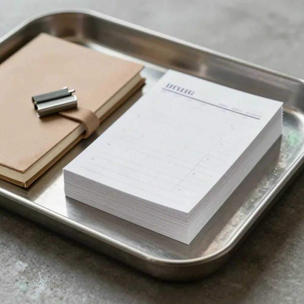 Macro of brushed metal tray, stacked task cards and closed notebook with soft sage reflections.