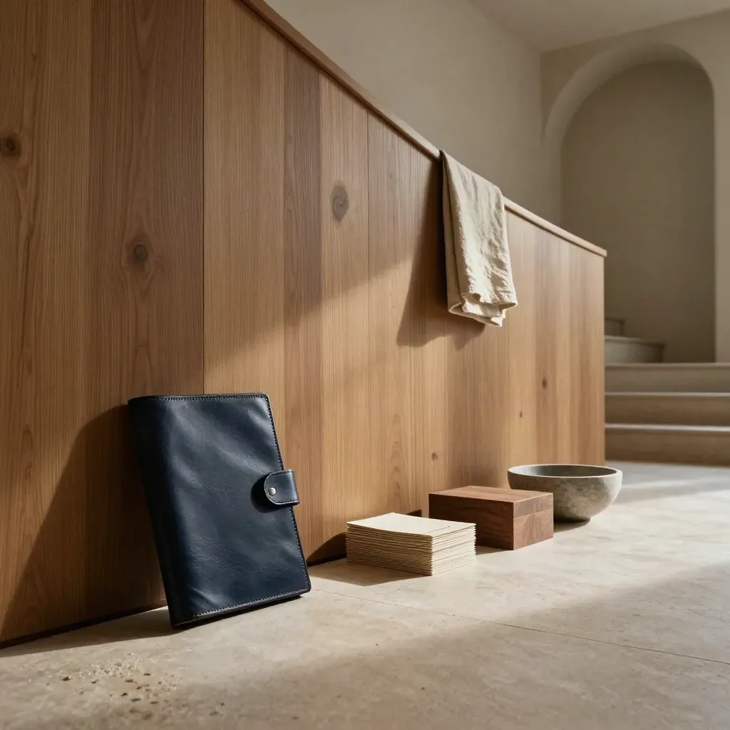 West interior with oak wall, limestone floor, navy folio, and blurred stair in soft sun