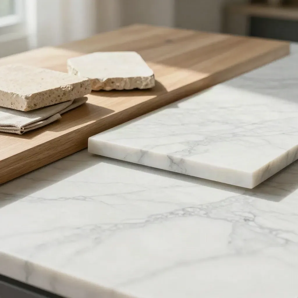 Marble slab with oak ledge and blurred stone samples in warm daylight