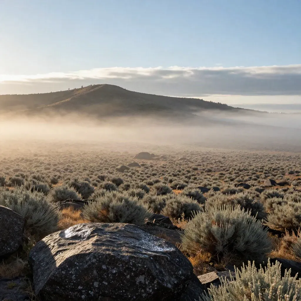 Rain-misted sagebrush ridge above wet basalt under a clearing western sky at dusk