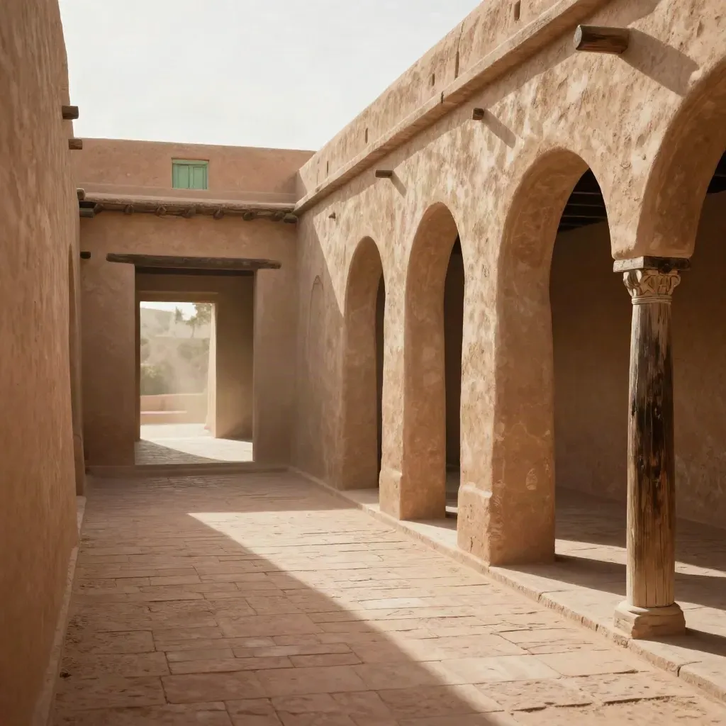 Adobe courtyard arcade with sunlit opening, terracotta floor, and long shadows for copy space.