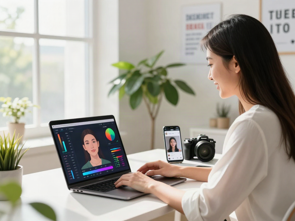 Engaging modern workspace showcasing a test of attractiveness with AI metrics and colorful graphs.