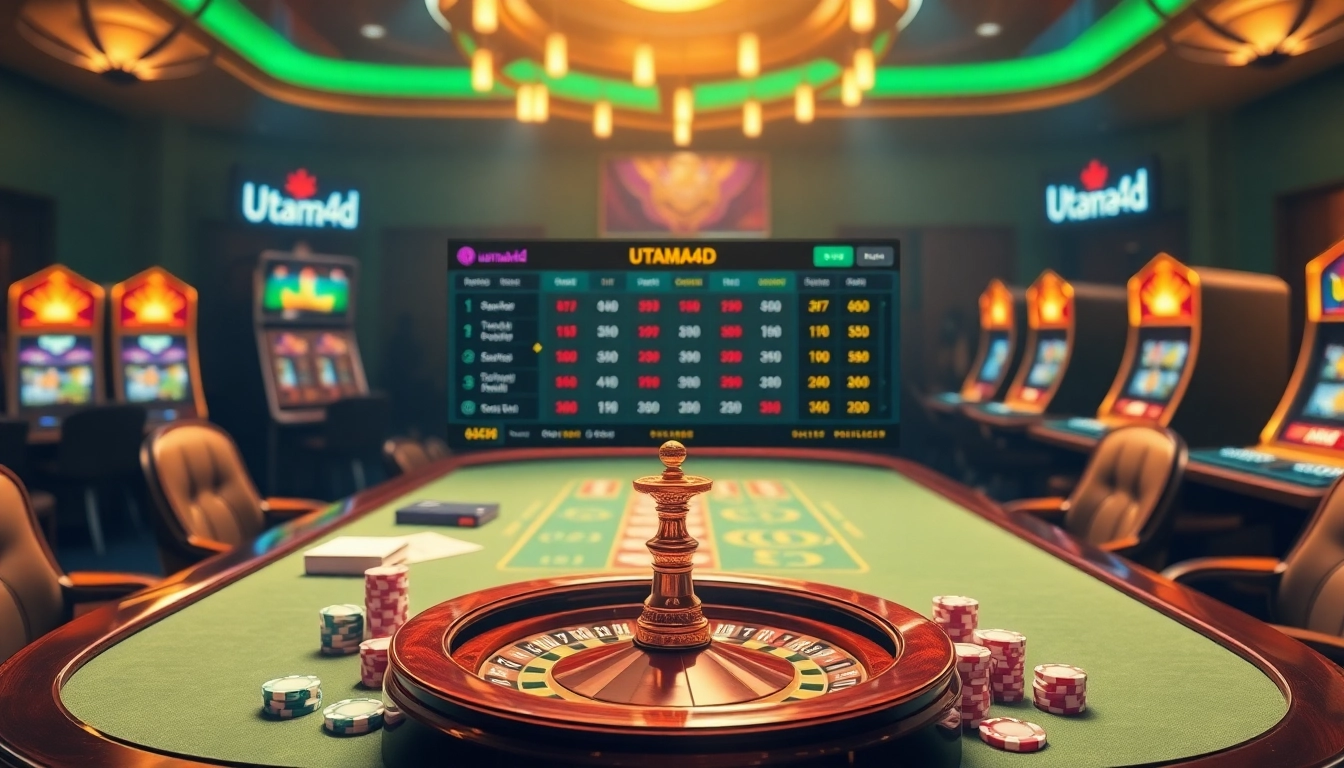 Rasakan sensasi perjudian online Utama4D dengan elemen kasino yang berwarna-warni dan antarmuka taruhan yang interaktif.