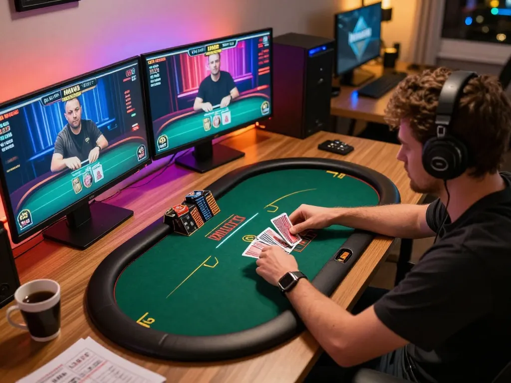 Engaging in a live MMLIVE poker match on a multi-monitor setup showcasing HD graphics.