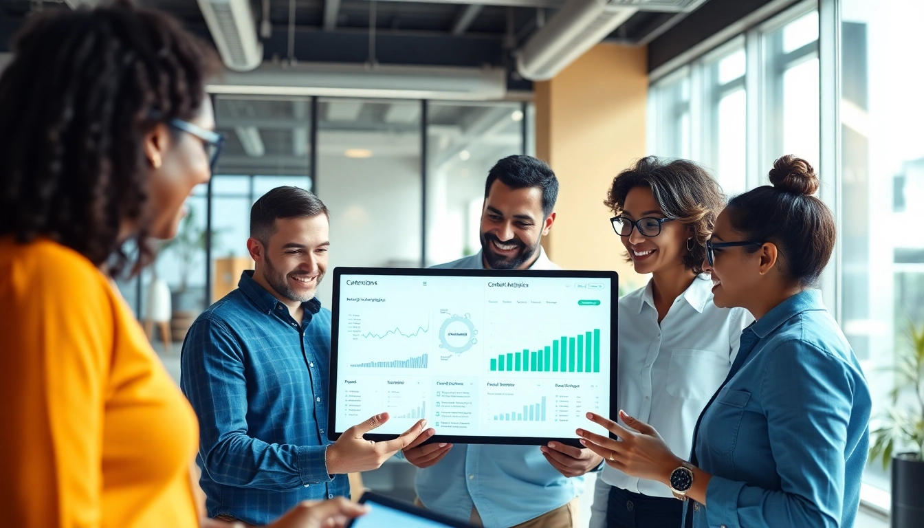 Sales team actively using a content analytics tool for sales teams in a modern office setting.