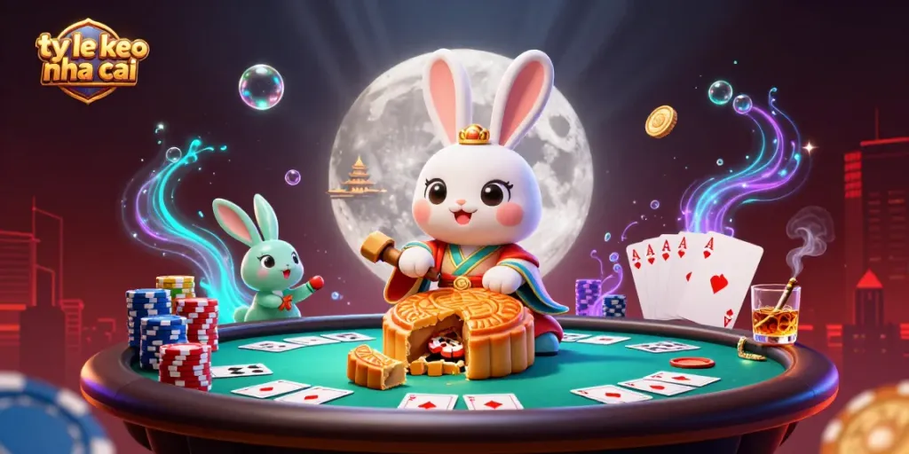 Enhance your betting with ty le keo nha cai as the moon rabbit reveals poker chips in this enchanting casino scene.